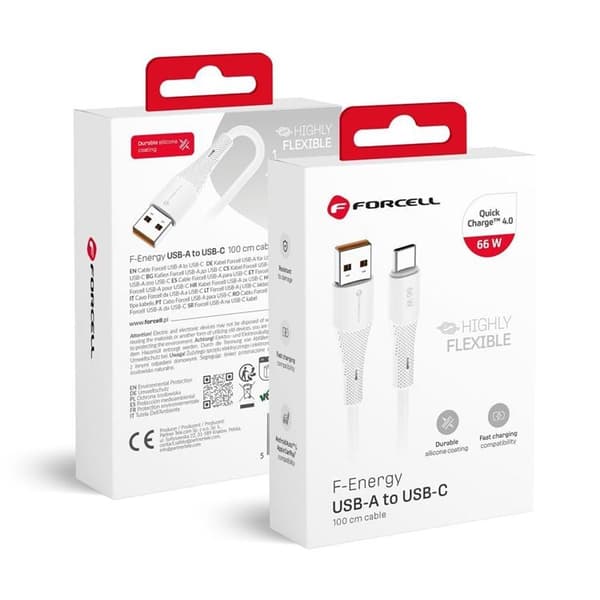 FORCELL USB-A till USB-C 66W Kabel 3A 1m QC4.0 Silikon C342 - Vit Vit