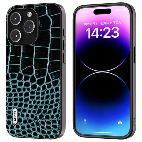 ABEEL Mobilskal till iPhone 15 Pro Krokodiltextur Äkta Läder Blå