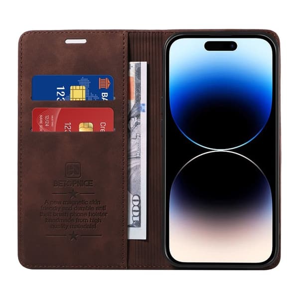 BETOPNICE 003 iPhone 15 Pro Max Plånboksfodral i Konstläder - Brun