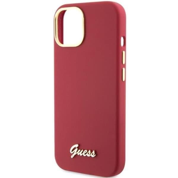 Guess iPhone 15 Mobilskal Silikon Script Metal Logo & Ramme Röd