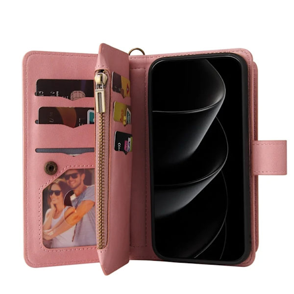 iPhone 17 Pro Konstläder Plånboksfodral Zipper Rem Rosa
