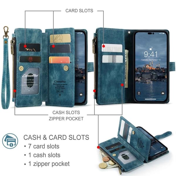 CASEME C30 iPhone 14 Pro Plånboksfodral Konstläder Blå med Kortfack