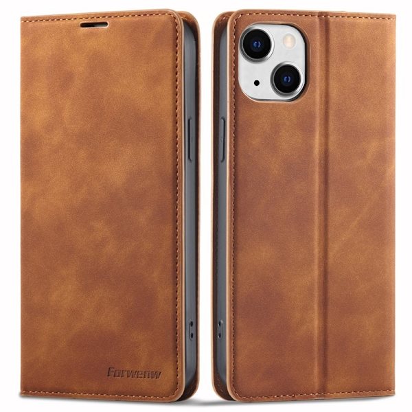 FORWENW iPhone 15 Plus Plånboksfodral i Konstläder - Brun