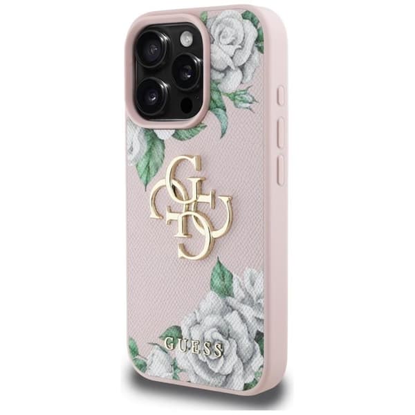 Guess Telefontaske til iPhone 16 Pro Kornede Roser Stort 4G logo - Lyserød Rosa