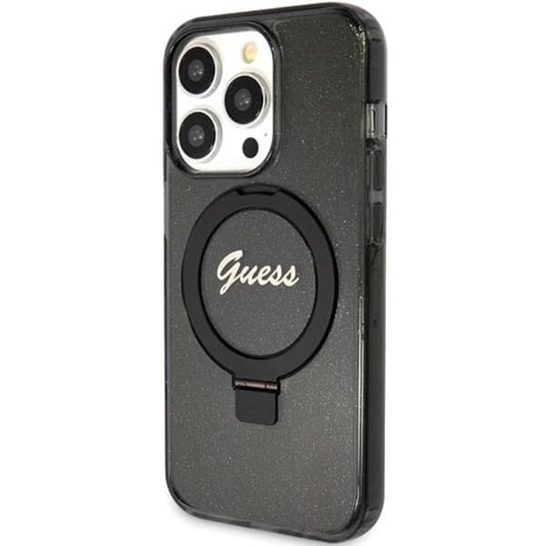 Guess iPhone 15 Pro Mobilskal Magsafe Ringställ Script Glitter Black