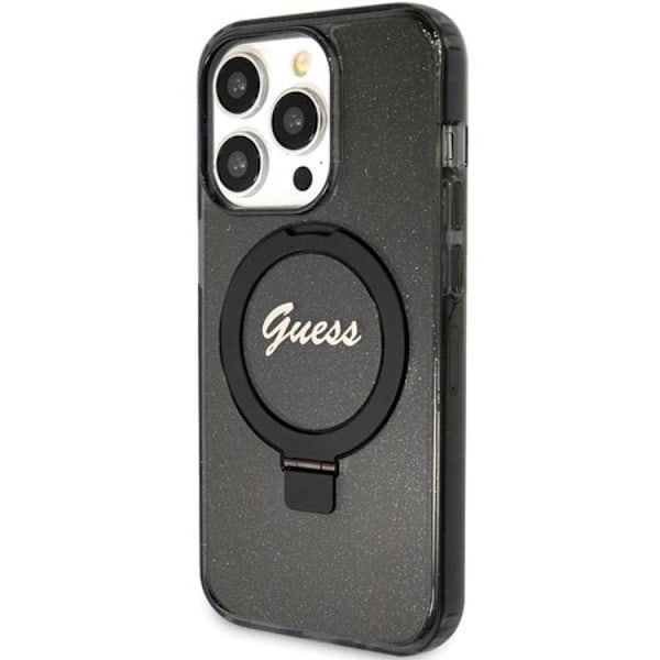 Guess iPhone 15 Pro Mobilskal Magsafe Ringställ Script Glitter Svart