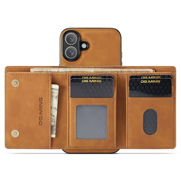 DG.MING M1 Series Mobilskal till iPhone 16 Plus Kickstand PU - Brun