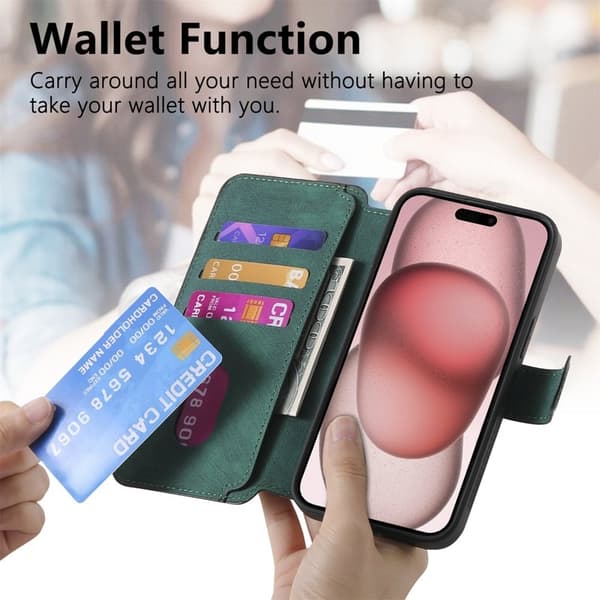 CASENEO iPhone 15 Plånboksfodral Magnetiskt Detachable Konstläder - Grön