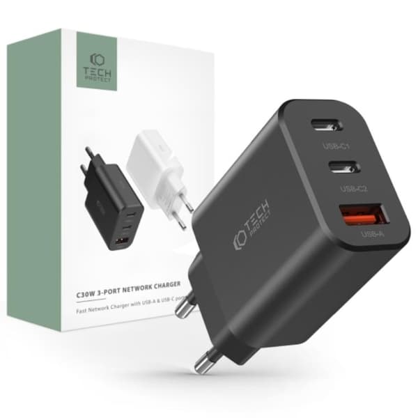 Tech-Protect 3-Port Vægoplader 30W - Sort Svart