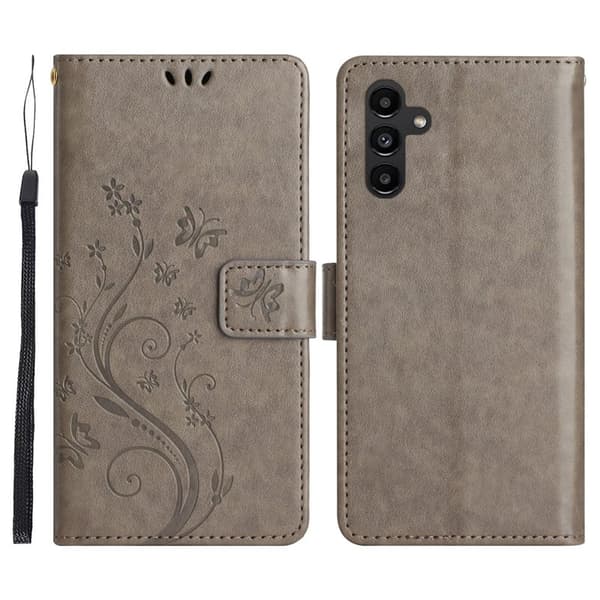Samsung Galaxy S26 Plus Plånboksfodral Konstläder Fjäril Blomma - Grå