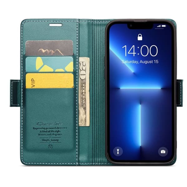 CASEME iPhone 13 Pro Plånboksfodral Konstläder RFID-Skydd 3 Kort Slot Grön