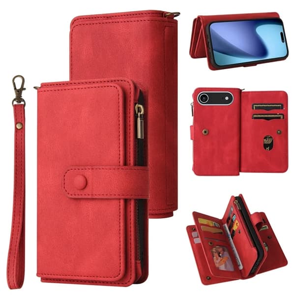 iPhone 17 Air Konstläder Plånboksfodral Zipper Rem Röd