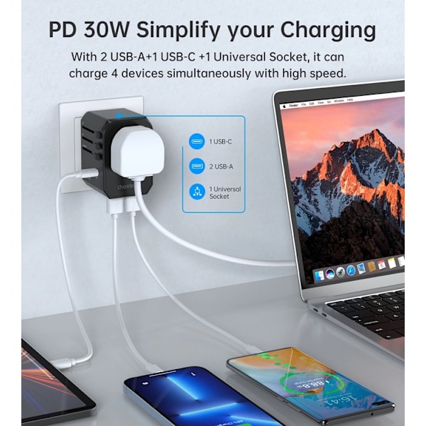 Choetech Reseladdare 30W USB-C USB-A US EU UK Svart