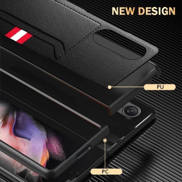 Galaxy Z Fold 4 Skal Äkta Läder Litchi Korthållare - Röd