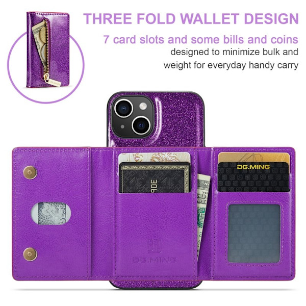 DG.MING M3 Series iPhone 15 Plus Konstläder Plånboksfodral Glitter Lila
