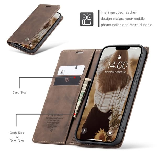 CASEME 013 Wallet Mobilskal KonstLäder för iPhone 13 - Brun