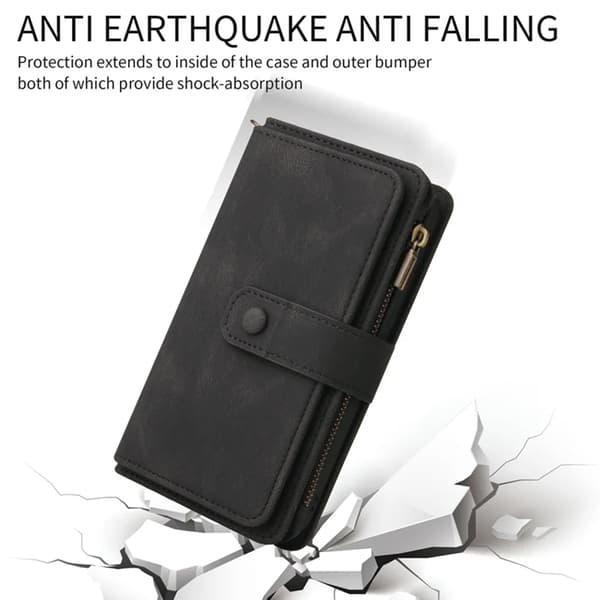 iPhone 17 Pro Konstläder Plånboksfodral Zipper Rem Svart