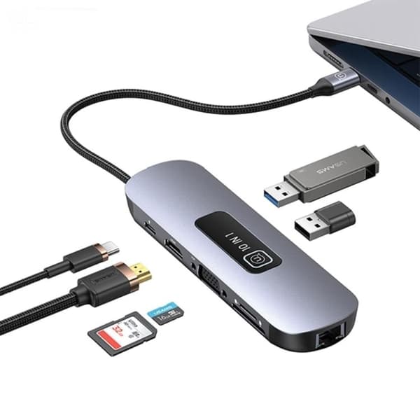 USAMS 10in1 Hubb 100W 3xUSB-A USB-C HDMI TF SD RJ45. VGA