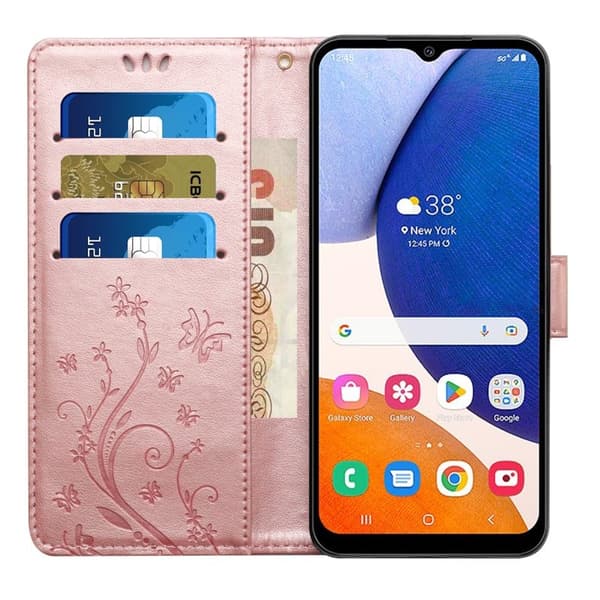 Samsung Galaxy S26 Plus Plånboksfodral Konstläder Blomma Prägling - Roséguld