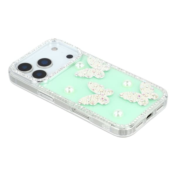 Mobilskal till iPhone 17 Pro Rhinestone Edge Pearl Butterfly Grön