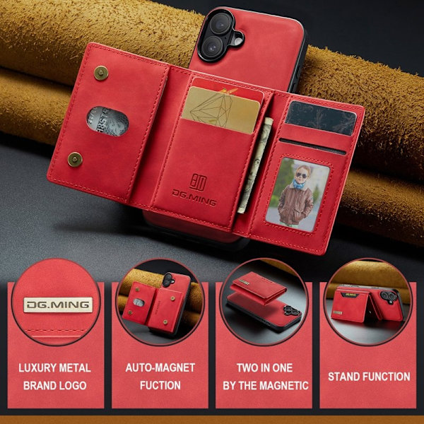 DG.MING iPhone 16 Plus Konstläder Plånboksfodral PU+PC+TPU Röd