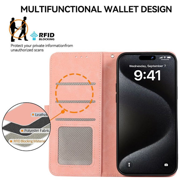 ABEEL iPhone 15 Pro Plånboksfodral RFID-Skydd - Rosa