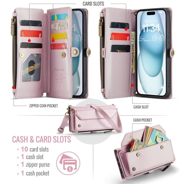 CASEME Plånboksfodral Konstläder till iPhone 15 Plus - Rosa med kortfack