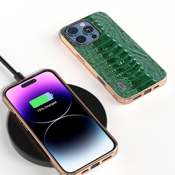 ABEEL iPhone 16 Pro Plånboksfodral Electroplating Grön Äkta Läder