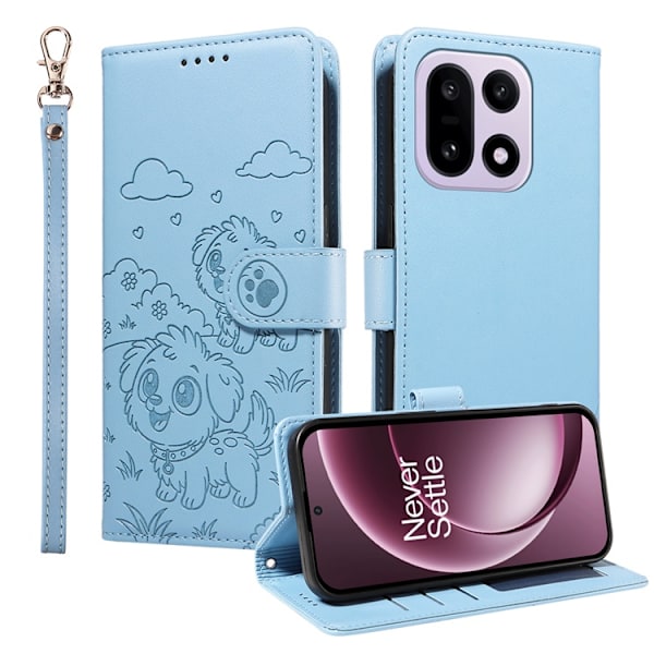 OnePlus 15 Konstläder Plånboksfodral RFID-Skydd Imprinted Dog Pattern Blå