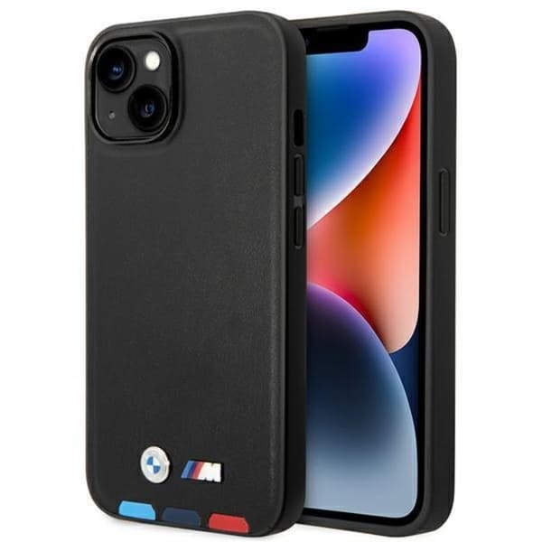 BMW iPhone 14 Plus -kotelo Nahka Stamp Tricolor - Musta Black