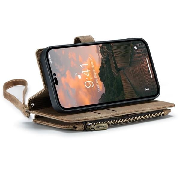 CASEME iPhone 14 Pro Konstläder Plånboksfodral med Dragkedja Brun
