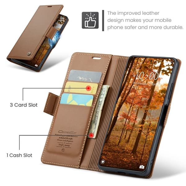 CASEME Xiaomi 14 Pro Plånboksfodral Konstläder RFID-Skydd 3 Kort Brun