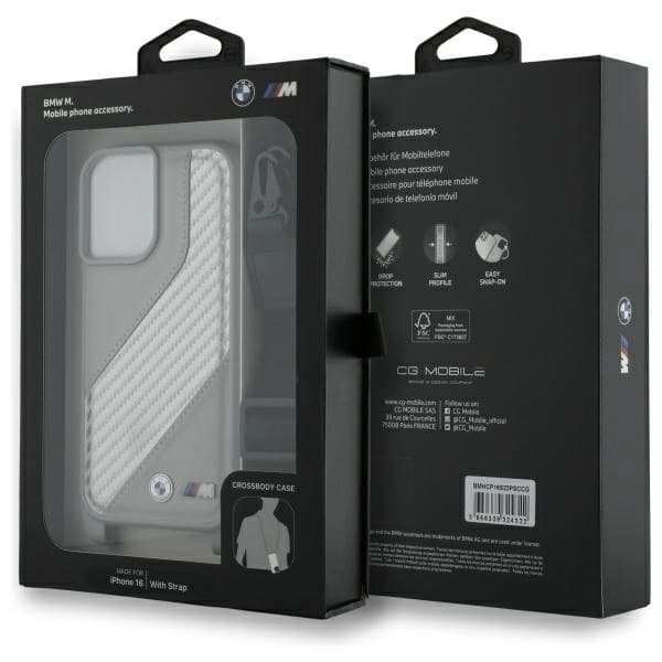 BMW telefontaske til iPhone 16 Carbon Stripe & Strap - Grå Grå