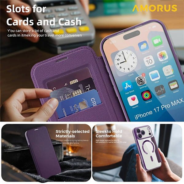 AMORUS iPhone 17 Pro Max Plånboksfodral MagSafe RFID-Skydd - Lila Lila