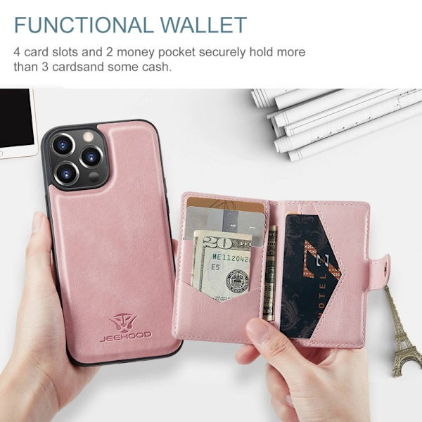 JEEHOOD Mobilskal till iPhone 14 Pro Max Retro Konstläder Shockproof Roséguld