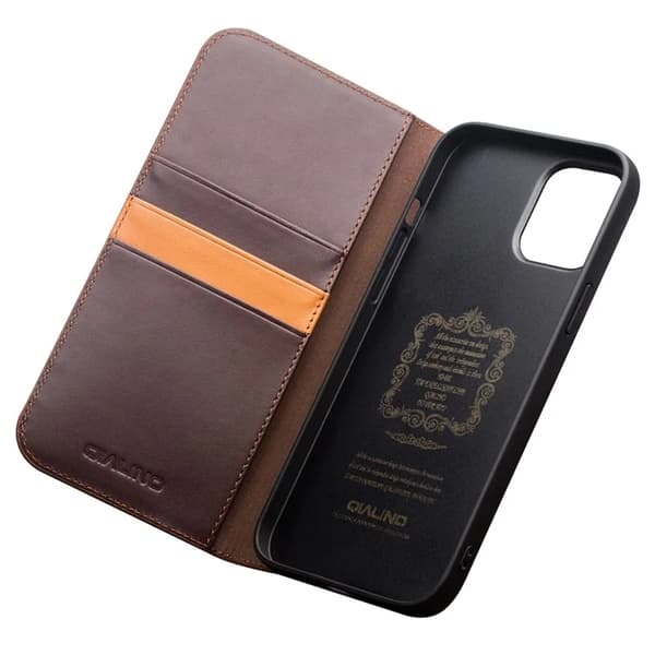 QIALINO iPhone 12 Pro Max Plånboksfodral Äkta läder - Brun Brun