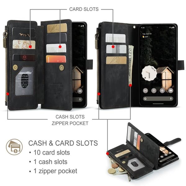 CASEME Konstläder Plånboksfodral till Google Pixel 9 Pro XL med rem - Svart