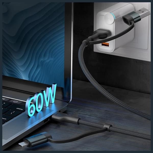 3MK USB-A/USB-C til USB-C/Lightning 60W Kabel 9V/2A 1.2m Hyper - Sort Svart