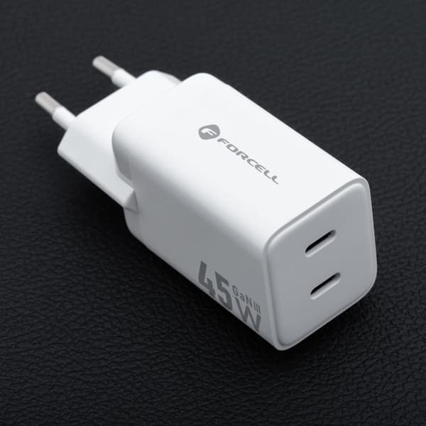 Forcell GaN III Hurtigoplader 45W 2x USB-C PD QC Mini - Hvid Vit