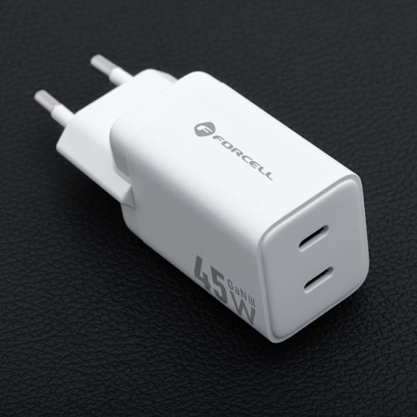 Forcell GaN III Snabbladdare 45W 2x USB-C PD QC Mini - Vit