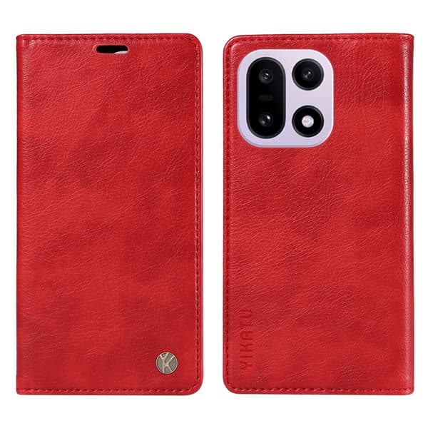 YIKATU OnePlus 15 Plånboksfodral Litchi Closure Konstläder Röd