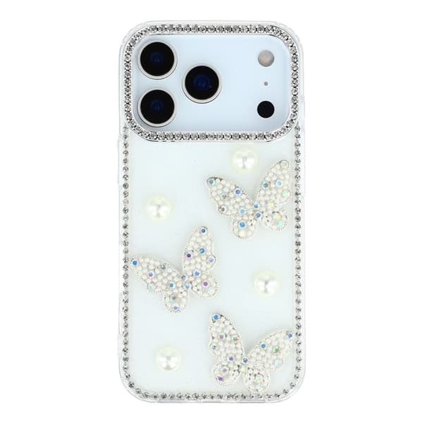 Mobilskal till iPhone 17 Pro Max Rhinestone Edge Pearl Butterfly Vit