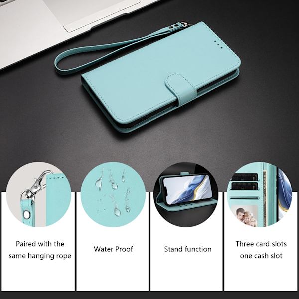 iPhone 15 Pro Plånboksfodral Läder med Handledsrem - Mintgrön Grön