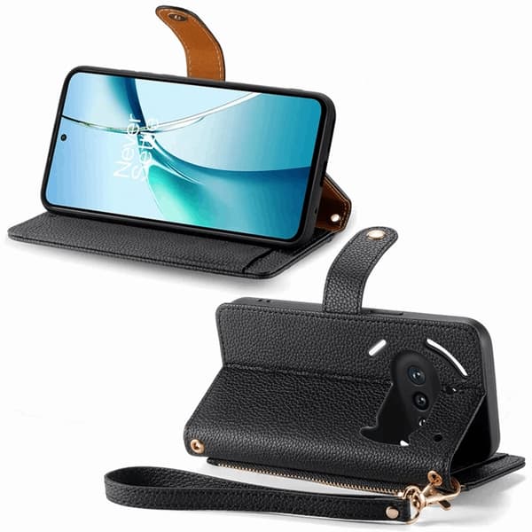 Nothing Phone (3a) Konstläder Plånboksfodral RFID-Skydd Zipper med Rem - Svart