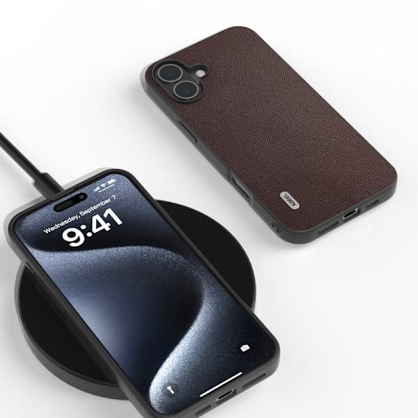 ABEEL Mobilskal till iPhone 16 Plus Äkta Läder PC+TPU - Brun