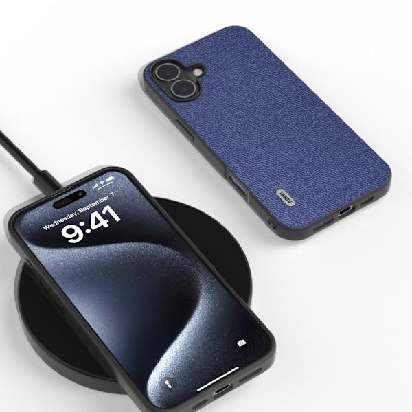 ABEEL Mobilskal till iPhone 16 Plus Litchi Textur Äkta Läder Blå