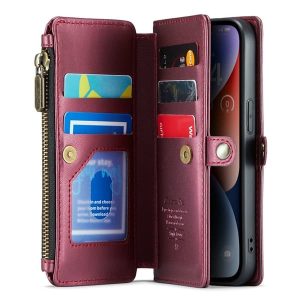 CASEME Plånboksfodral Konstläder till iPhone 14 med kortfack - Vinröd