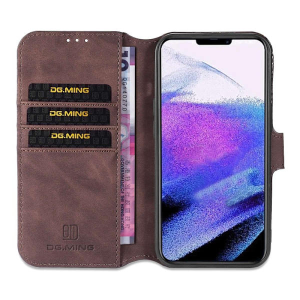 DG.MING iPhone 14 Pro Max Konstläder Plånboksfodral Retro Stil Magnetisk Brun