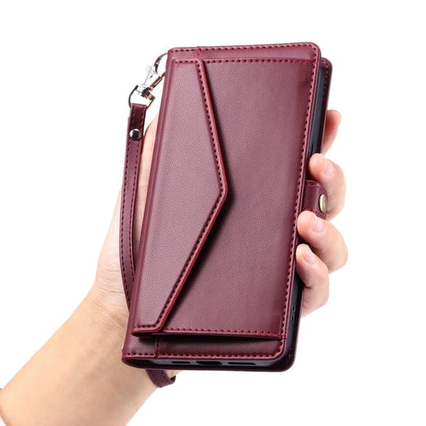 Samsung Galaxy S26 Plånboksfodral Konstläder Med Handrem - Vinröd