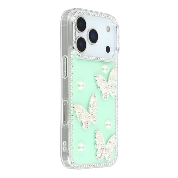 Mobilskal till iPhone 17 Pro Max Rhinestone Edge Pearl Butterfly Grön